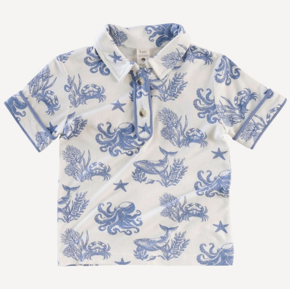 NWT 6Y Kate Quinn short sleeve piped polo tee nautical toile bamboo